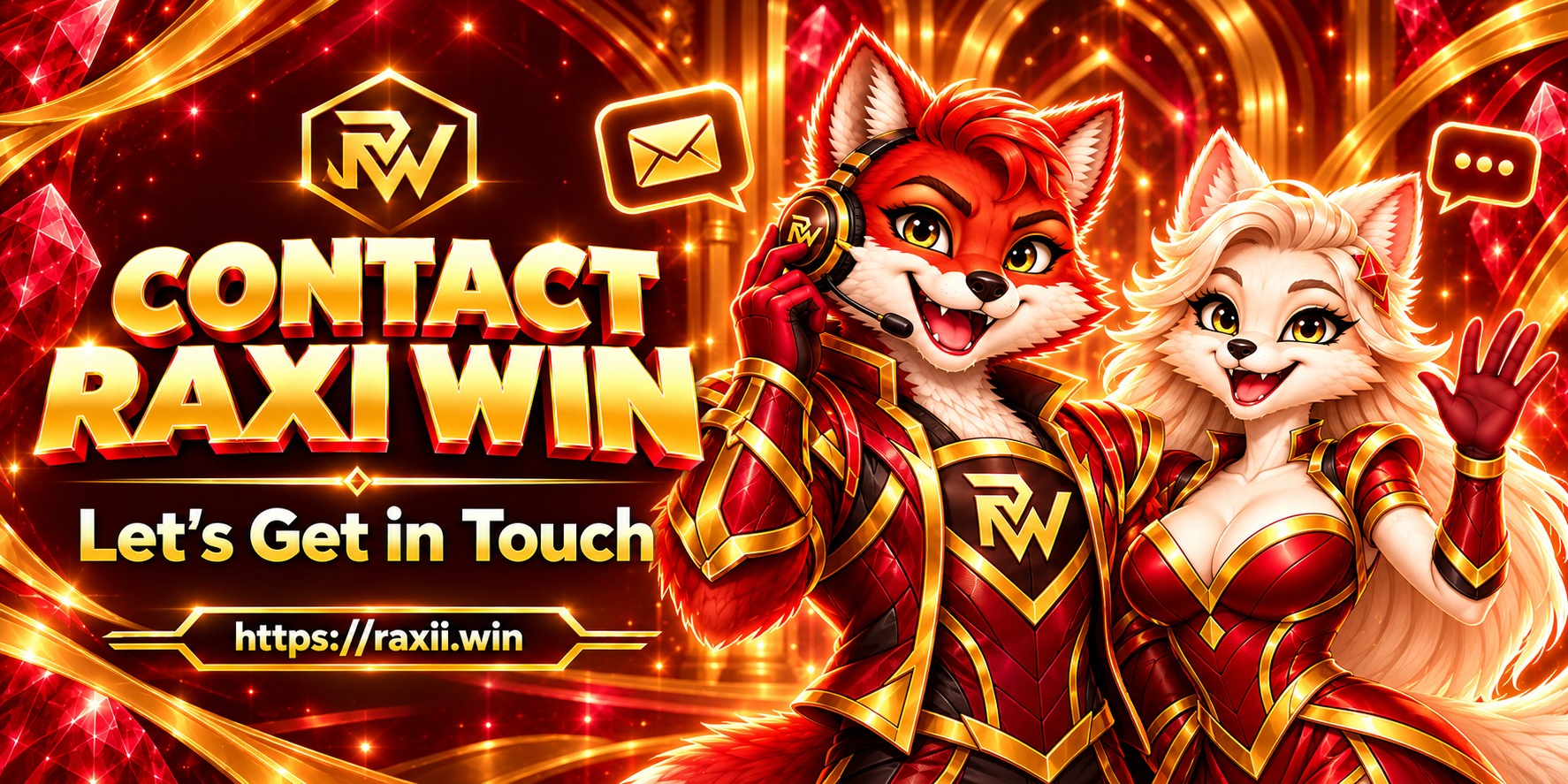 Contact Raxi Win red-and-gold Raxi banner