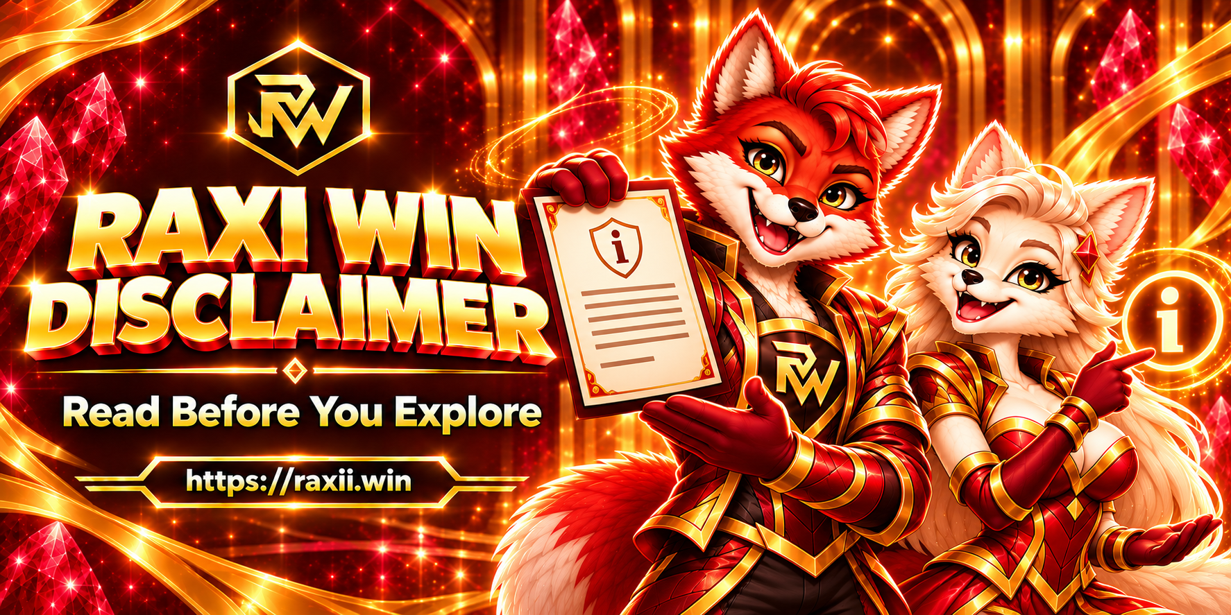 Raxi Win Disclaimer red-and-gold Raxi banner