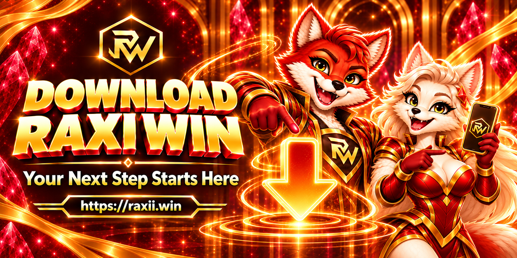 Raxi Win Download Guide red-and-gold Raxi banner
