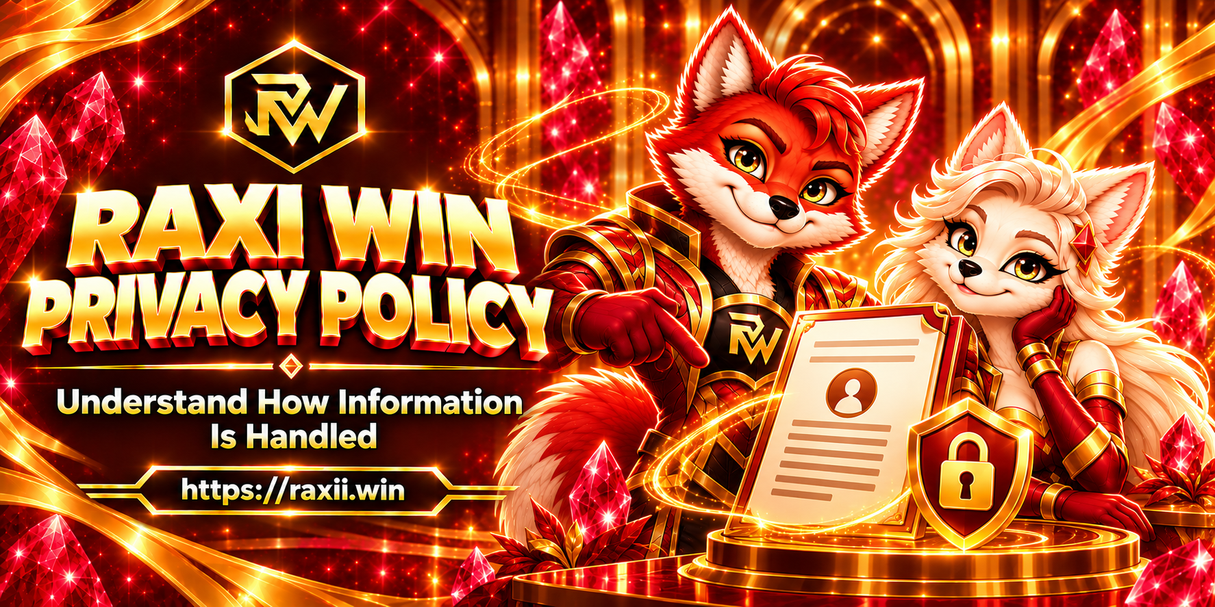 Raxi Win Privacy Policy red-and-gold Raxi banner
