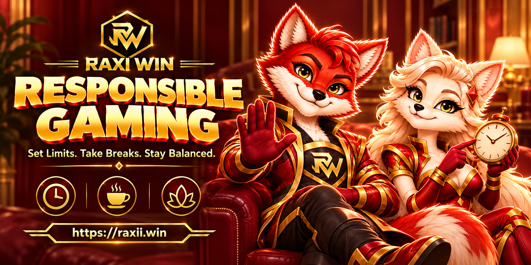 Raxi Win Responsible Gaming red-and-gold Raxi banner