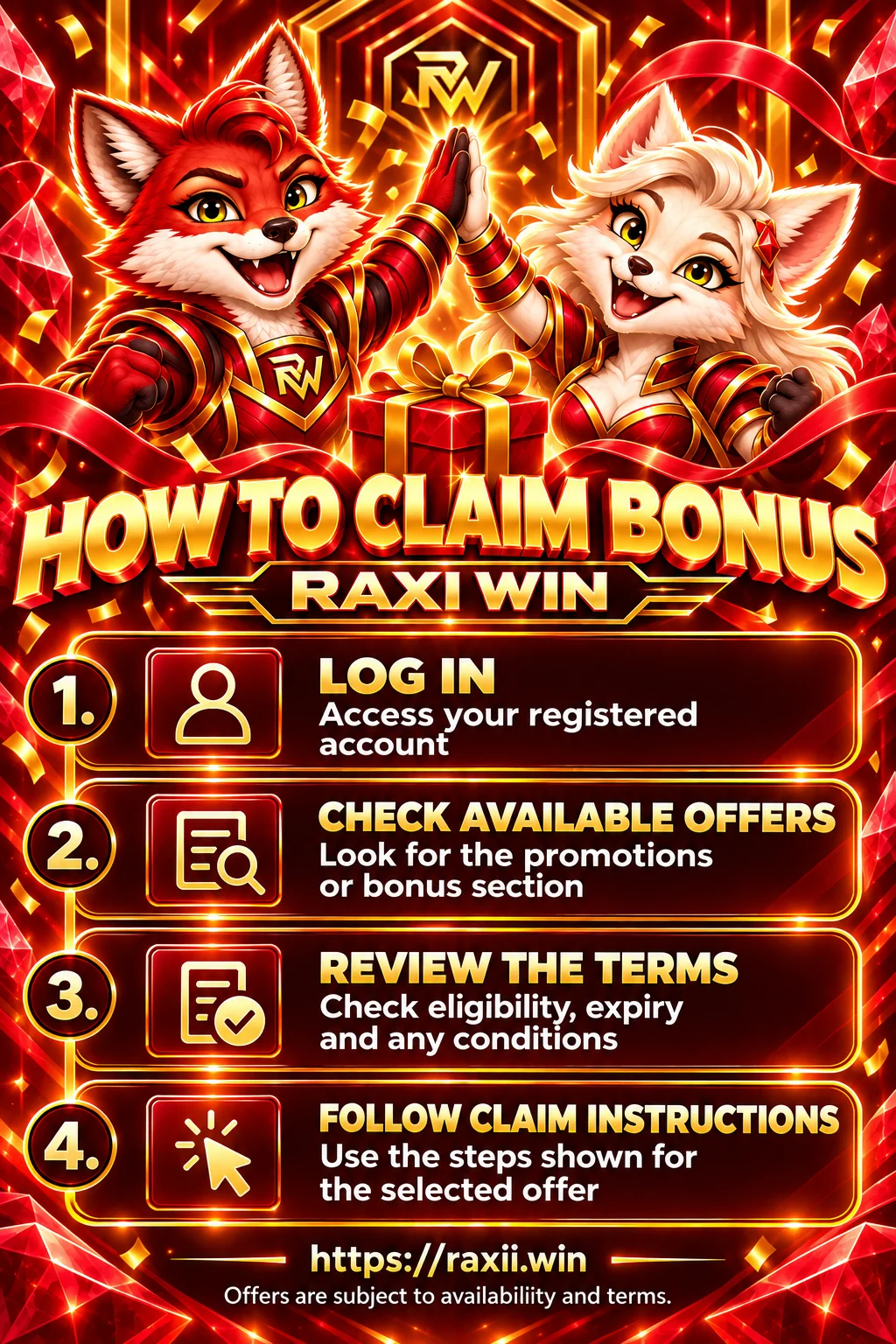 Illustrated Raxi Win bonus guide with four general steps