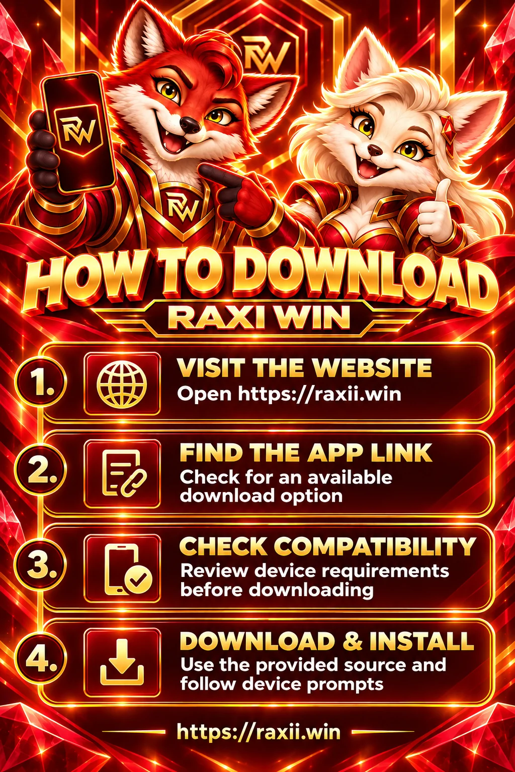 Illustrated Raxi Win download guide with four general steps