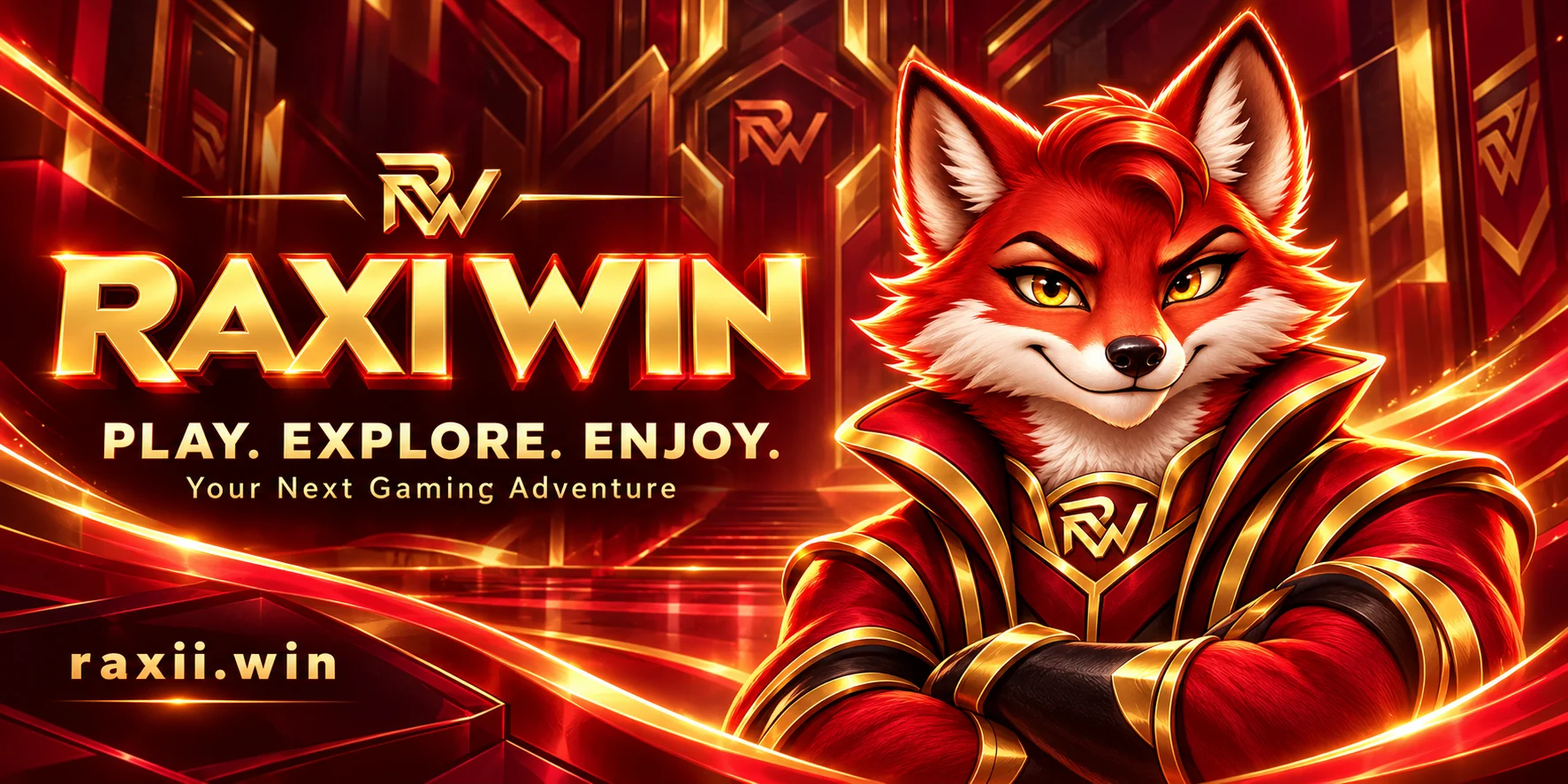 Raxi Win red fox mascot with the brand slogan Play. Explore. Enjoy. and raxii.win address