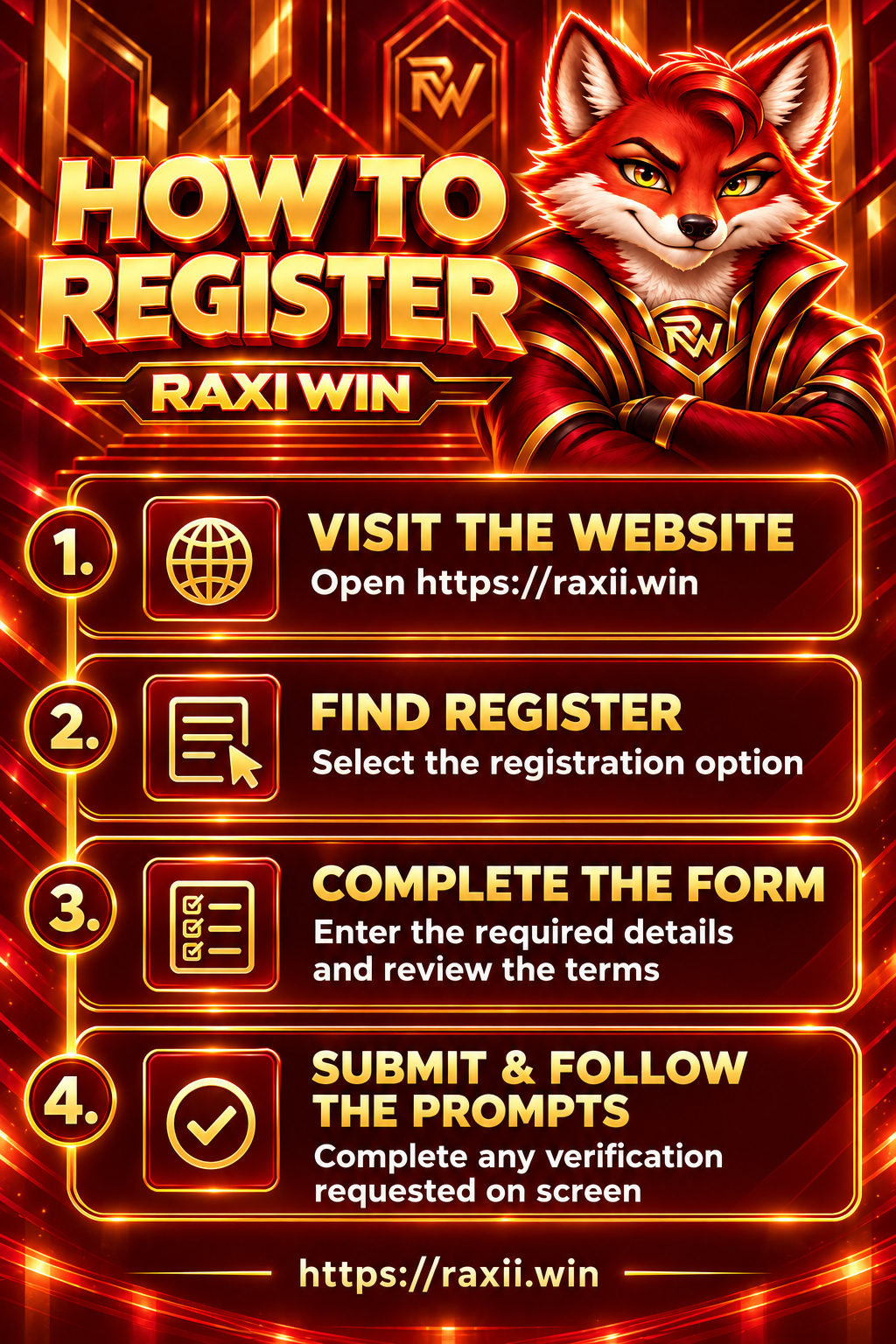 Illustrated Raxi Win register guide with four general steps